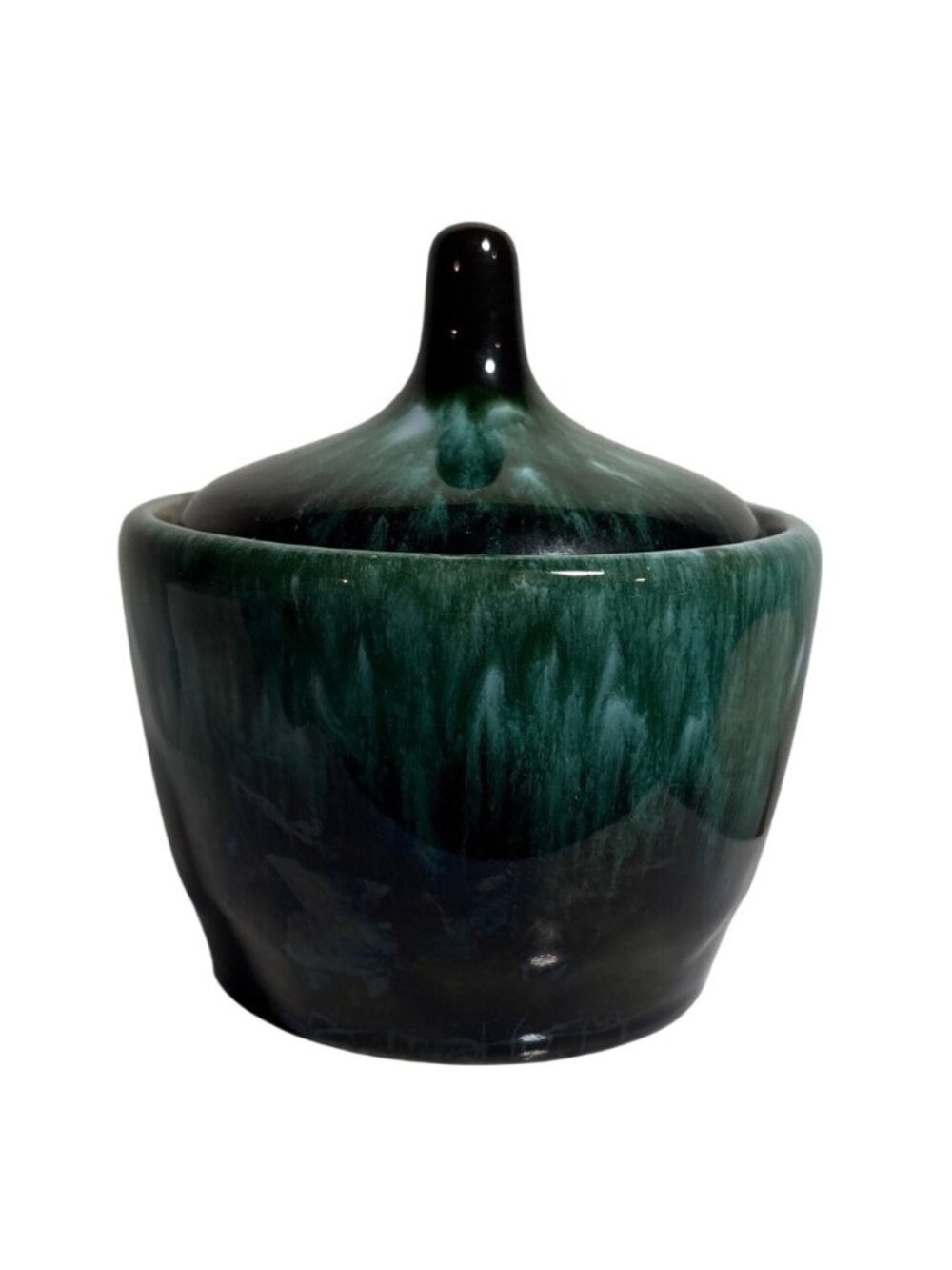 Blue Mountain Pottery Lidded Sugar Bowl Green Black Drip Glaze 4.75" Tall MCM